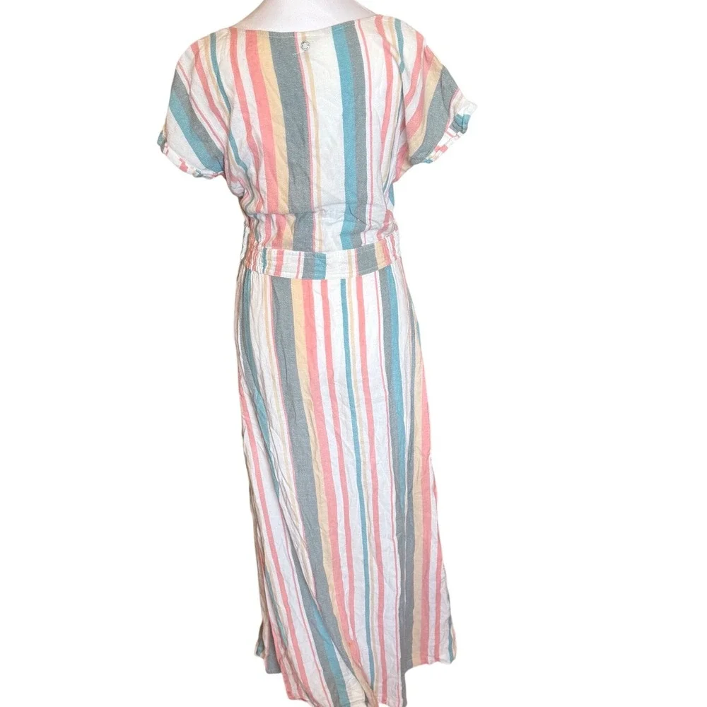 Roxy Womens Striped Button Front Maxi Dress Pink Teal Cotton Blend Large